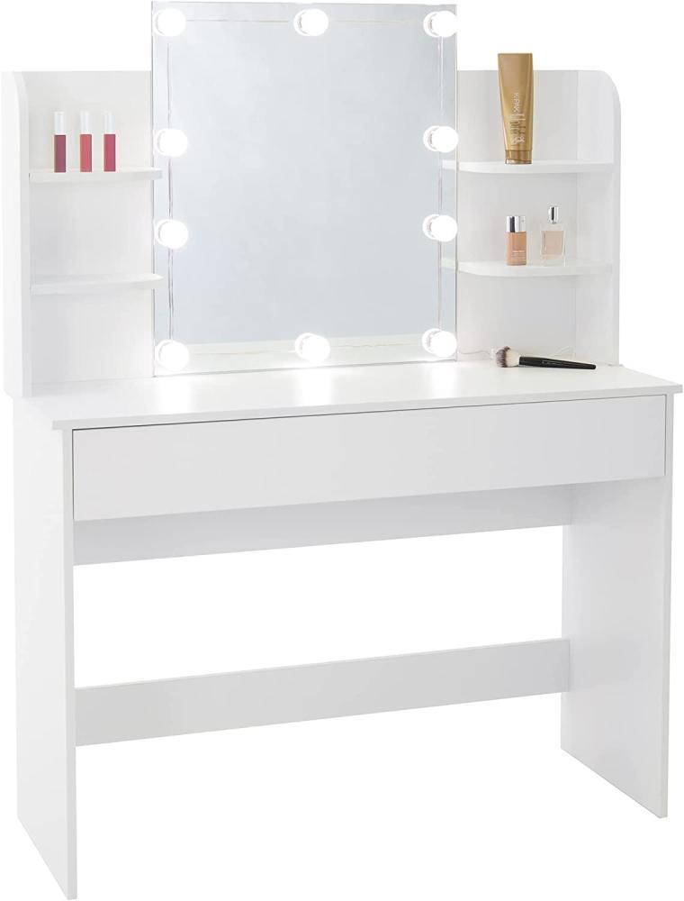 ECD Germany Schminktisch mit LED-Beleuchtung, Spiegel, Schublade, Fächern, 108x40x140 cm, Weiß, aus MDF Holz, Moderne Kosmetiktisch Schminkkommode Frisiertisch Frisierkommode Kommode Make-up Tisch Bild 1