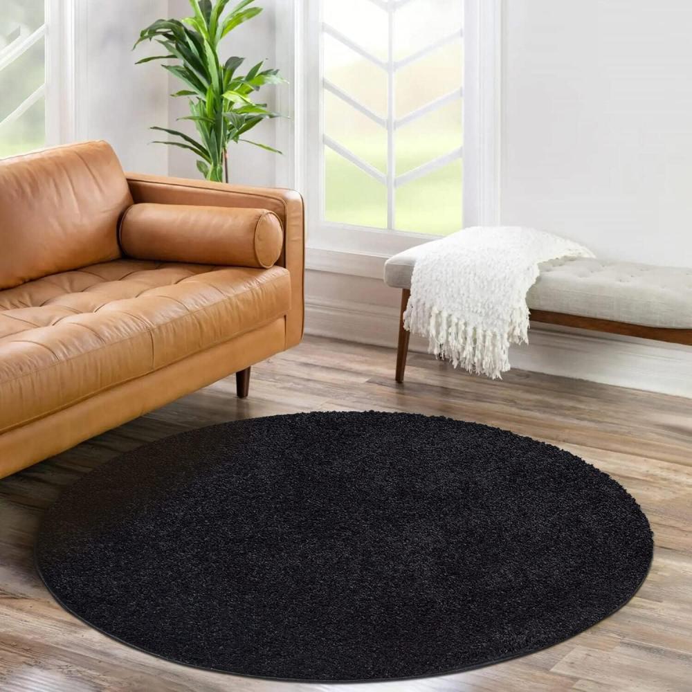 carpet city Shaggy Hochflor Teppich - Rund 160 cm - Schwarz - Langflor Wohnzimmerteppich - Einfarbig Uni Modern - Flauschig-Weiche Teppiche Schlafzimmer Deko Bild 1