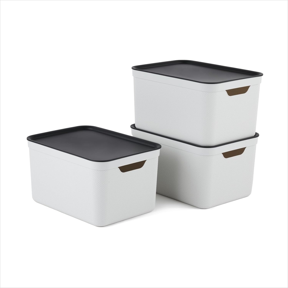 Jive Dekobox 3er- Set Aufbewahrungsbox 16l mit Deckel, Kunststoff (PP recycelt), weiss/anthrazit, 3x16l (37.5 x 27.8 x 29.8 cm) Bild 1