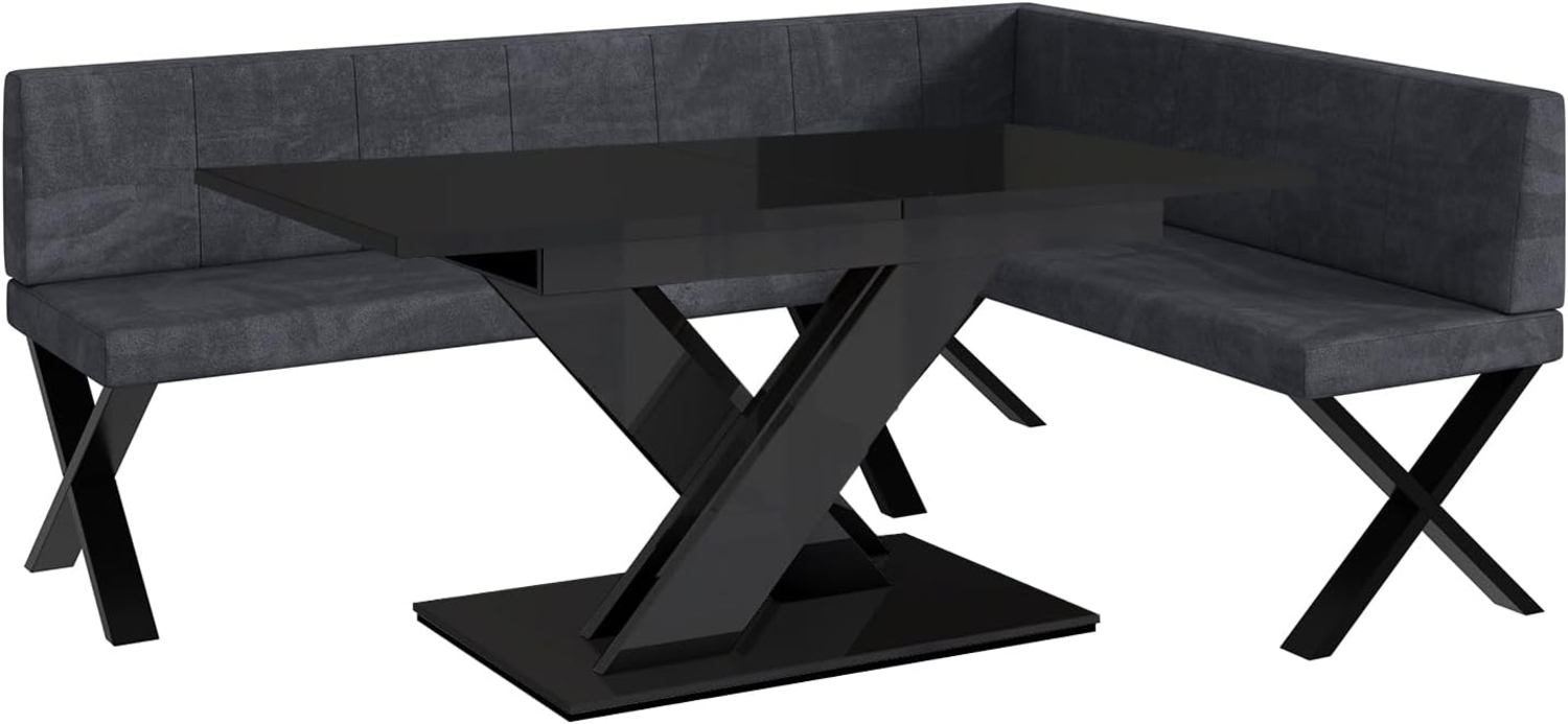 MEBLINI Eckbank für Esszimmer mit ausziehbarem Tisch - Küchenbank - Essecke - Sitzecke Küche - PETER - X-Beine 142 x 196 x 87 cm Rechts - Dunkelgrau Samt/B Schwarz Hochgl. Bild 1