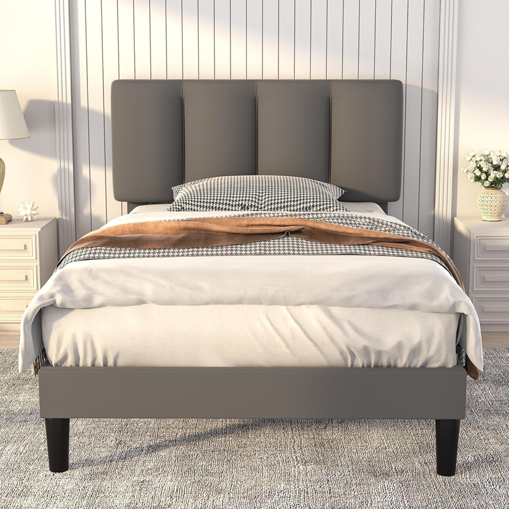 VECELO Polsterbett 90x200 cm mit Lattenrost Rückenlehne, Hautfreundliche Leinenmaterial, Bett Einzelbett Jugendbett(Ohne Matratze), Legierter Stahl, Grau Bild 1