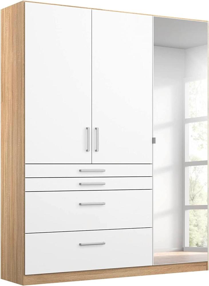 Rauch Möbel Harburg Schrank Kleiderschrank Drehtürenschrank Weiß/Eiche Sonoma 3-türig mit Spiegel und 4 Schubladen inklusive Zubehörpaket Basic 3 Einlegeböden, 1 Kleiderstange BxHxT 136x197x54 cm Bild 1