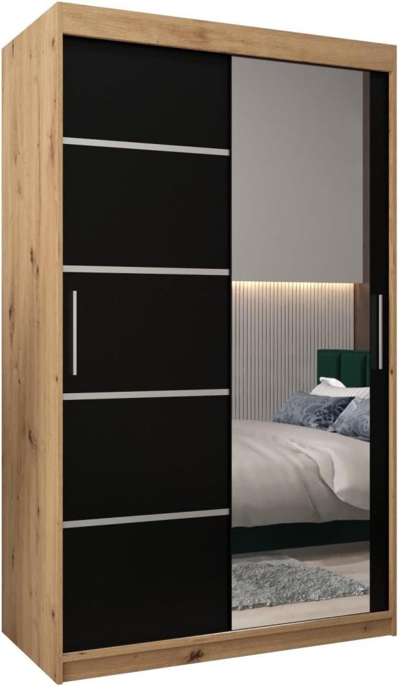 KRYSPOL Schwebetürenschrank Verona 2-120 cm mit Spiegel Kleiderschrank mit Kleiderstange und Einlegeboden Schlafzimmer-Wohnzimmerschrank Schiebetüren Modern Design (Artisan Eiche + Schwarz) Bild 1