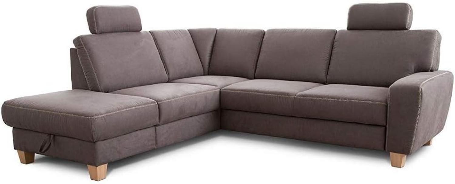 Cavadore Ecksofa Wisconsin mit Bettfunktion / Schlafsofa mit Federkern in Lederoptik / Inkl. 2 Kopfstützen + Stauraum / Landhausstil / Holzfüße in Buche / Mikrofaser / 248 x 88 x 215 cm / Grau Bild 1