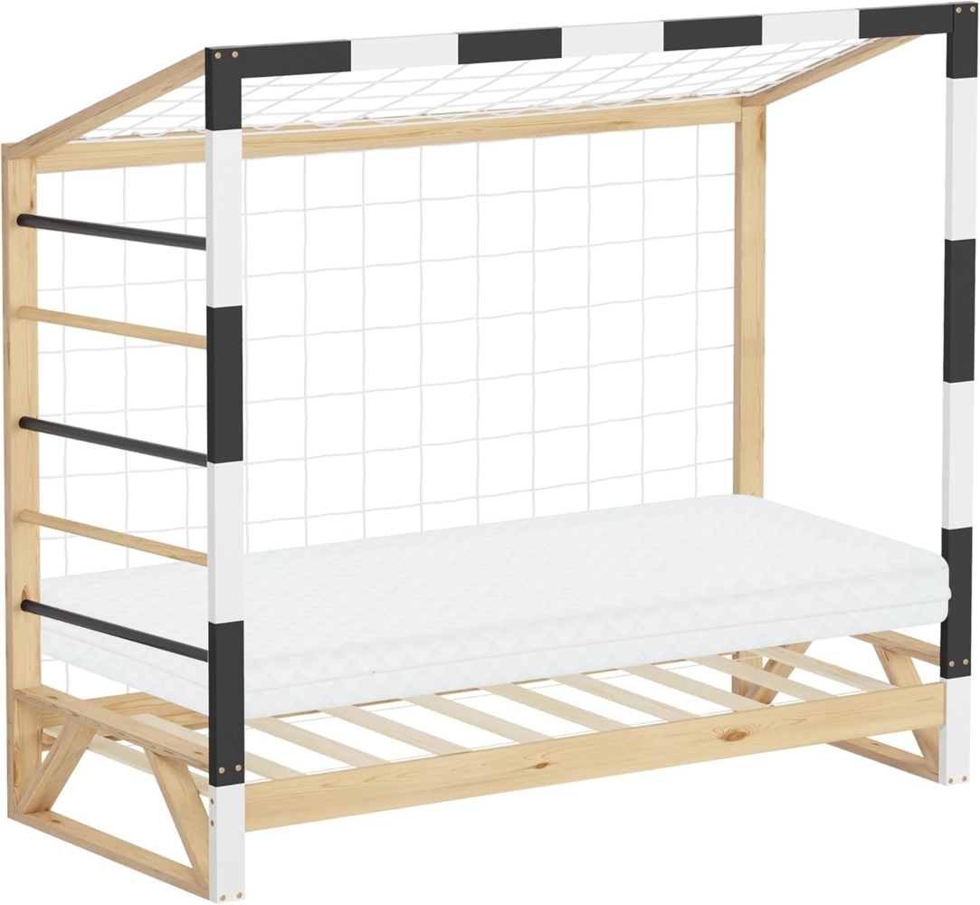 ML-DESIGN Spielbett Kinderbett Fußballtor Holzbett mit Lattenrost Kletterleiter & Netz, Abenteuerbett 80x160cm Natur für Kinder aus Kiefernholz mit Matratze Bild 1