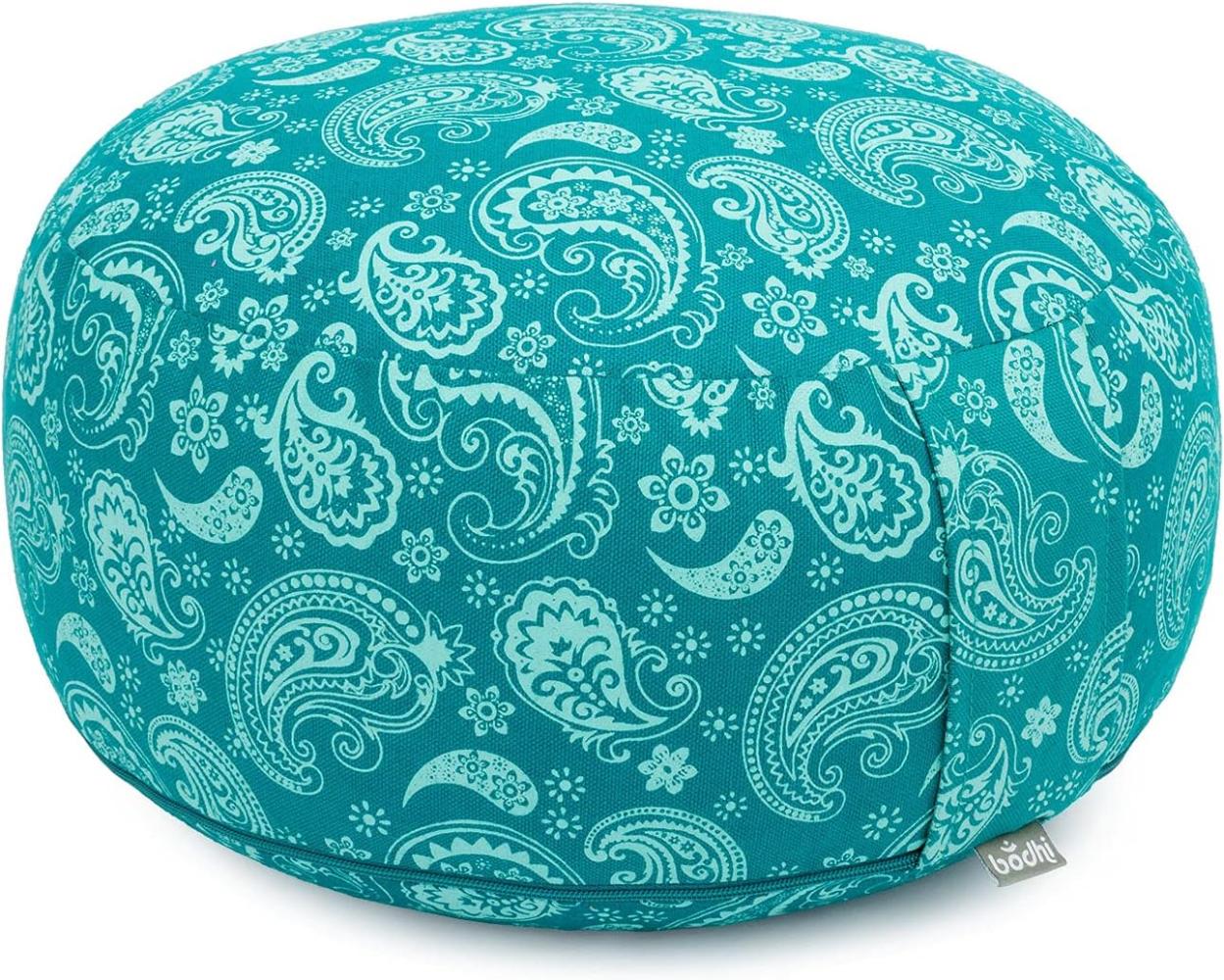 Bodhi Meditationskissen Rondo | Abnehmbarer Bezug aus 100% Baumwolle | Yogakissen mit Bio-Dinkelfüllung | Höhe 20 cm | Praktische Trageschlaufe | Maharaja Collection (Paisley/Petrol) Bild 1