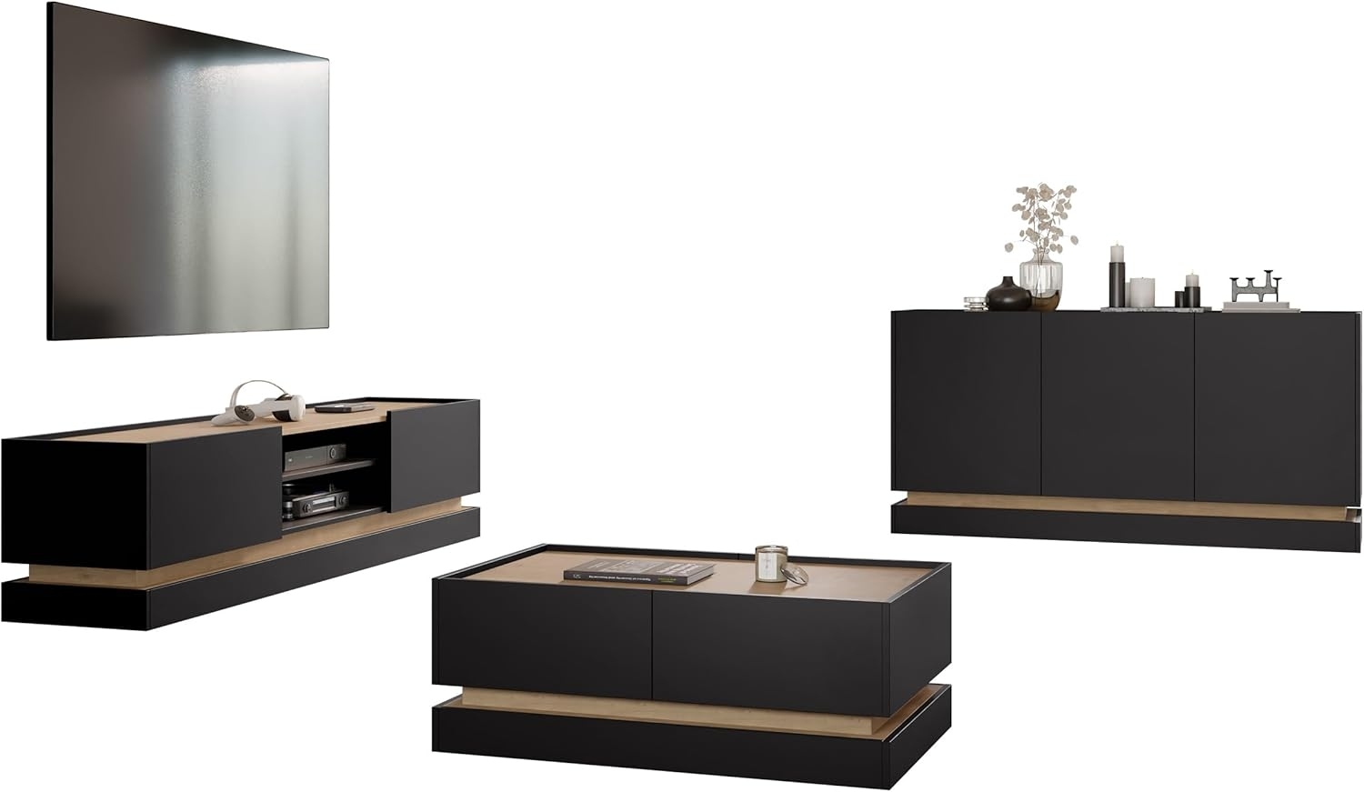 Wohnzimmer-Set Zarpant (Farbe: Schwarz / Eiche Cremona) Bild 1