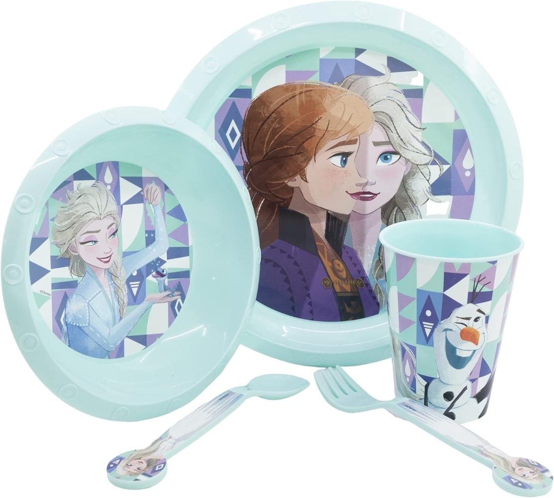 Kunststoff Kindergeschirr Set (5 tlg.) Schüssel, Teller, Becher & Besteck Disney Frozen Bild 1