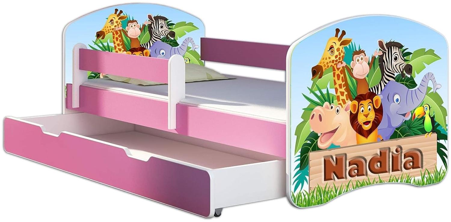 Kinderbett Jugendbett mit einer Schublade und Matratze Rausfallschutz Rosa 70 x 140 80 x 160 80 x 180 ACMA II (02N Animals name, 70 x 140 cm + Bettkasten) Bild 1