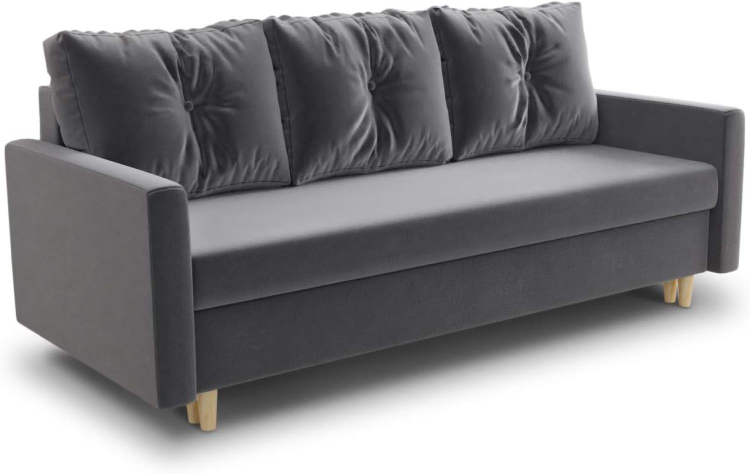 Schlafsofa Rico - Couch mit Schlaffunktion Sofa mit Bettkasten Bettfunktion Bettsofa Skandinavisch Polstergarnitur Bonell-Ferderkern Velours (Grau (Kronos 22)) Bild 1