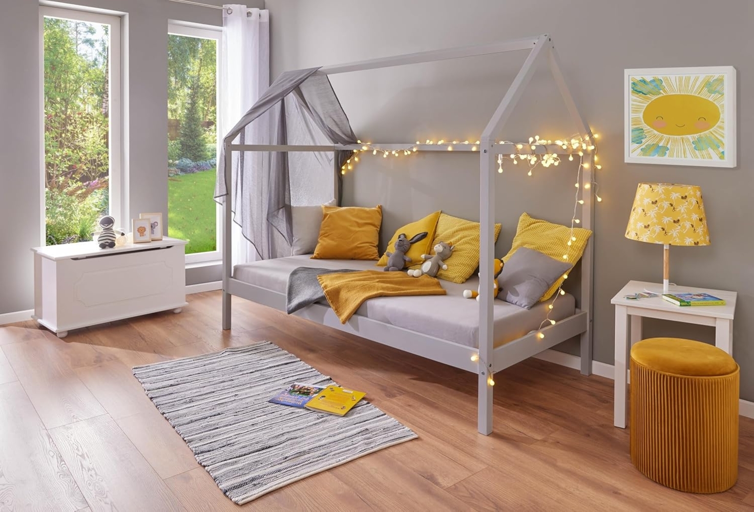 Inter Link – Kinderbett 90x200 cm– Hausbett – Jugendbett – aus massivem Kiefernholz – Für Jungen und Mädchen – Grau lackiert – Schadstofffrei – Pflegeleicht – Sun Road 90x200 cm Bild 1