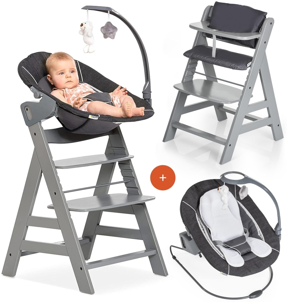 Hauck Alpha Plus Grau Newborn Set Deluxe - Baby Holz Hochstuhl ab Geburt mit Liegefunktion - inkl. Aufsatz für Neugeborene & Sitzpolster - mitwachsend, verstellbar - Grau Bild 1