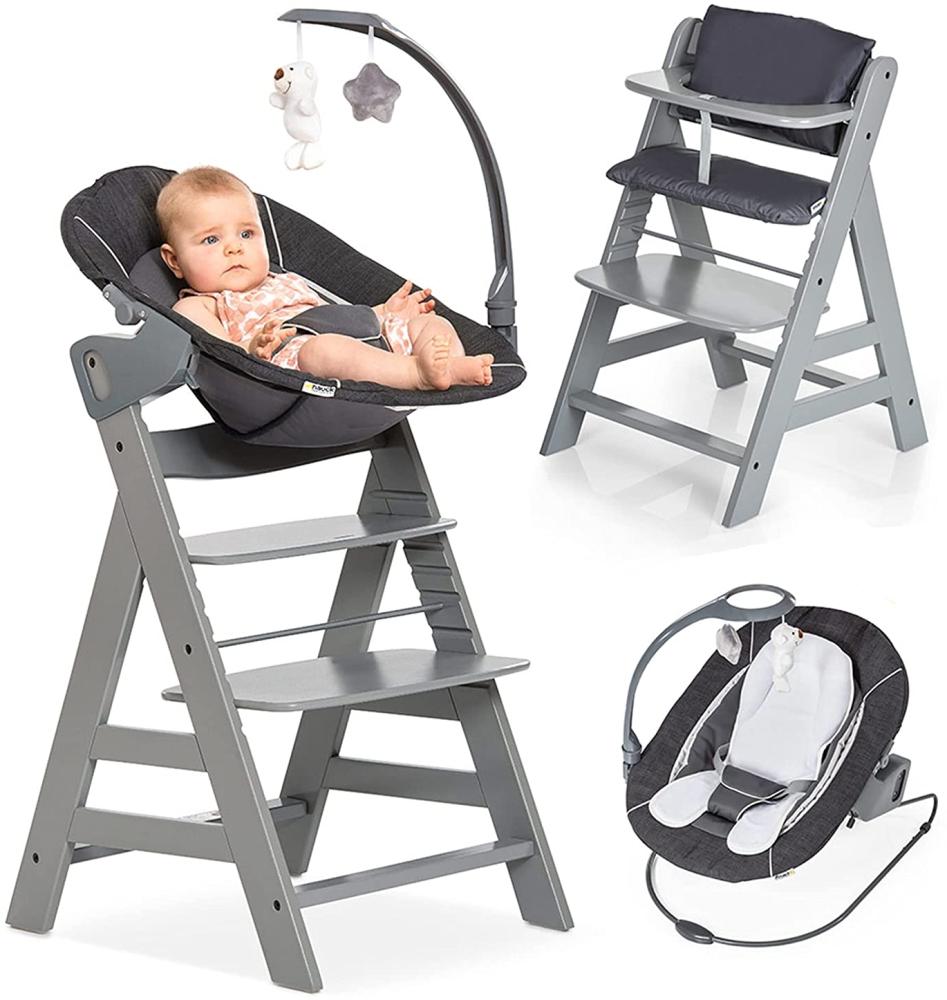 Hauck Alpha Plus Grau Newborn Set Deluxe - Baby Holz Hochstuhl ab Geburt mit Liegefunktion - inkl. Aufsatz für Neugeborene & Sitzpolster - mitwachsend, verstellbar - Grau Bild 1