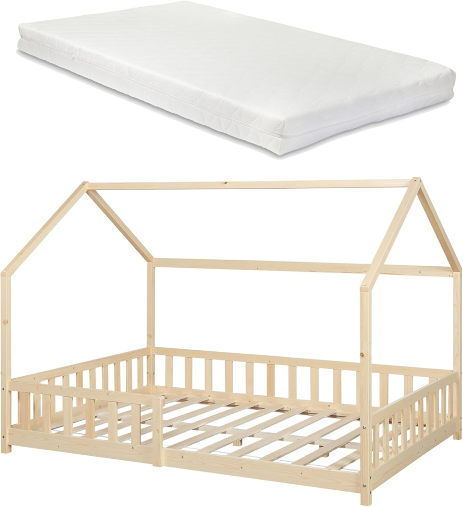 Hausbett Hesel, Kinderbett, Lattenrost und Matratze, Holzoptik, 140x200 cm Bild 1