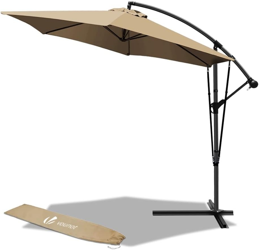 VOUNOT Ampelschirm 300 cm, Sonnenschirm mit Kurbelvorrichtung, Windsicherung und Schutzhülle, Sonnenschutz UV-Schutz, Gartenschirm Marktschirm Kurbelschirm, Khaki Bild 1