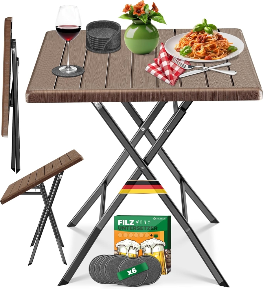 KESSER® Balkontisch klappbar | Wetterfest & UV-beständig | Balkonmöbel | Beschichteter Stahl | Outdoor Gartentisch | Gartenmöbel mit 6 Filz-Untersetzer | Bistrotisch bis zu 100 kg belastbar Braun, Holz-Optik Bild 1