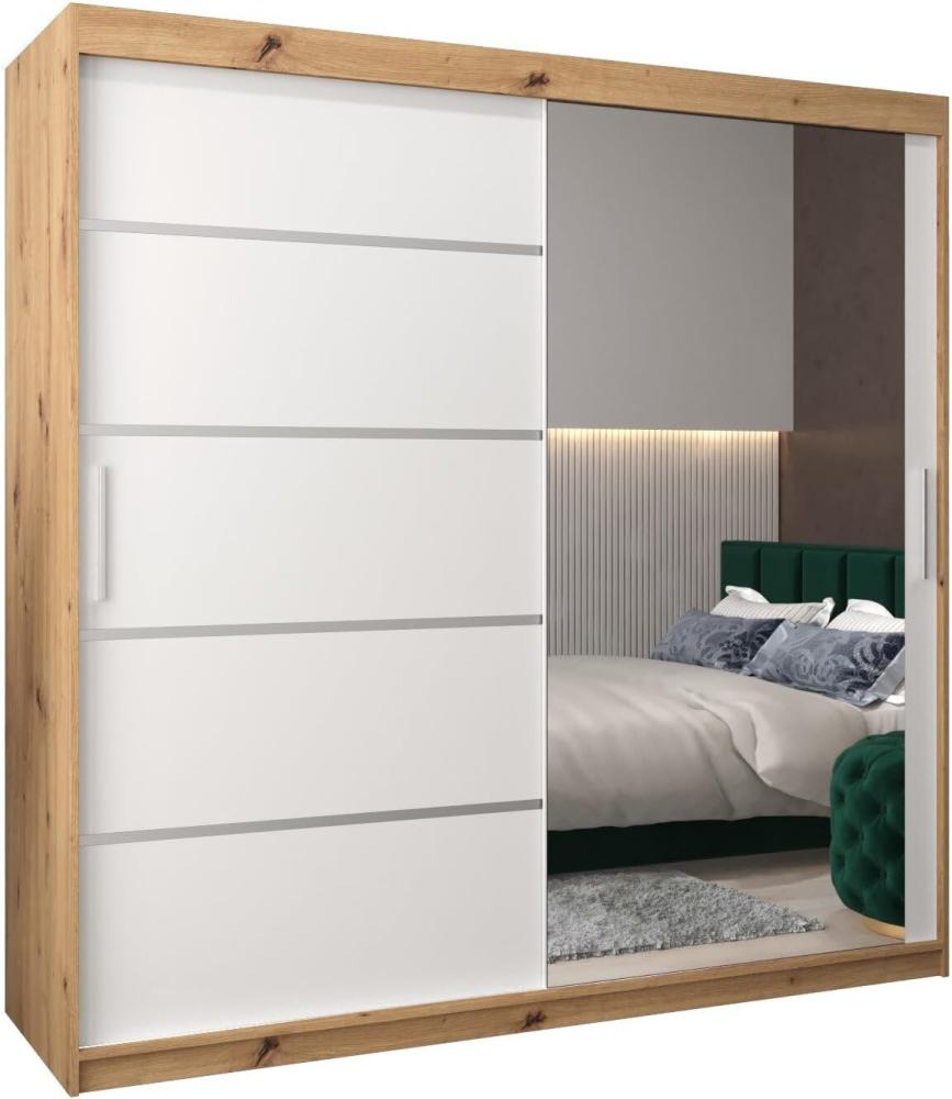 Kryspol Schwebetürenschrank Verona 2-200 cm mit Spiegel Kleiderschrank mit Kleiderstange und Einlegeboden Schlafzimmer- Wohnzimmerschrank Schiebetüren Modern Design (Artisan Eiche + Weiß) Bild 1