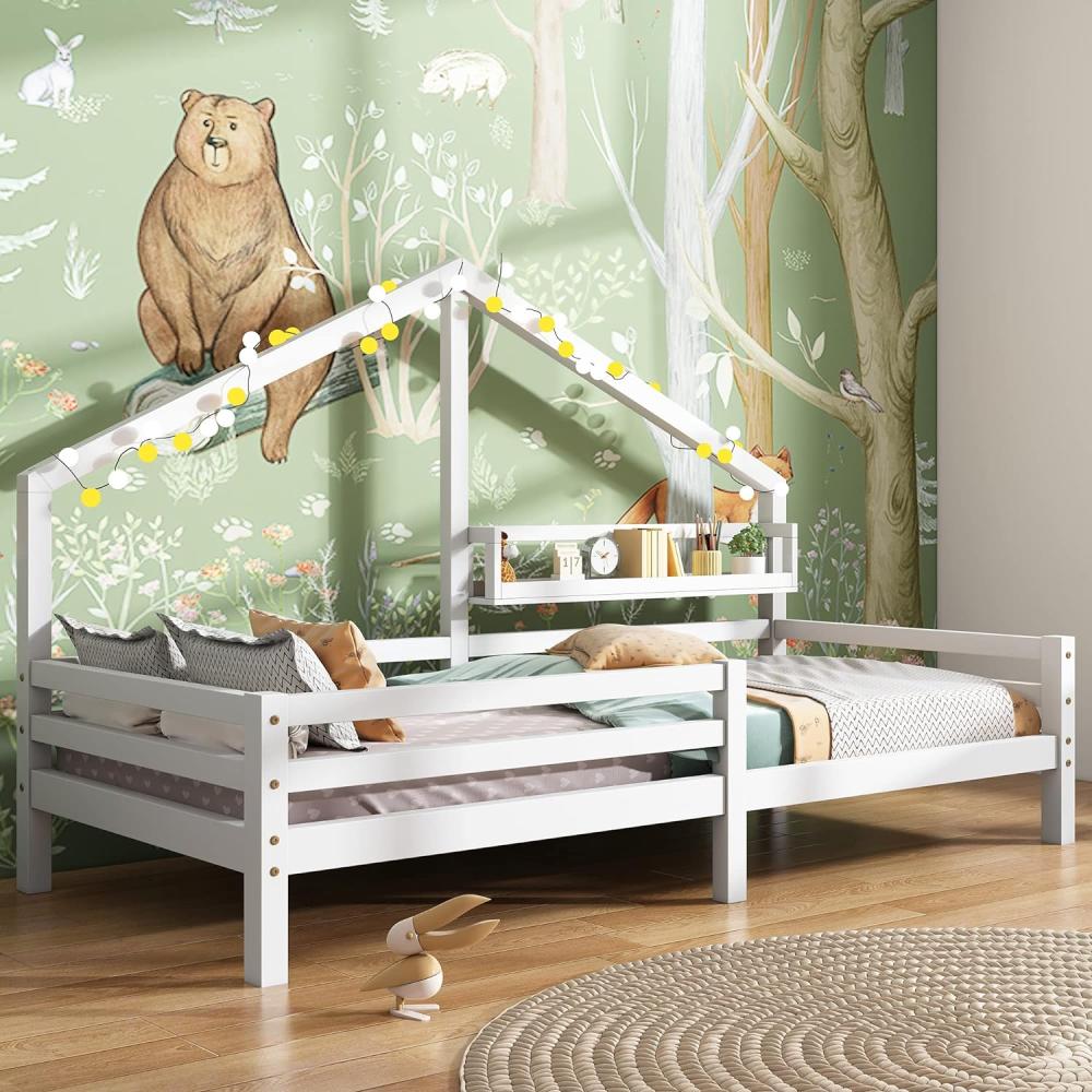 Merax Kinderbett 90x200 cm mit Rausfallschutz, Kinder Hausbett mit Ablageregal, Stabiles Holz Baumhausbett mit Lattenrost, Spielbett für Jungen & Mädchen, Weiß Bild 1