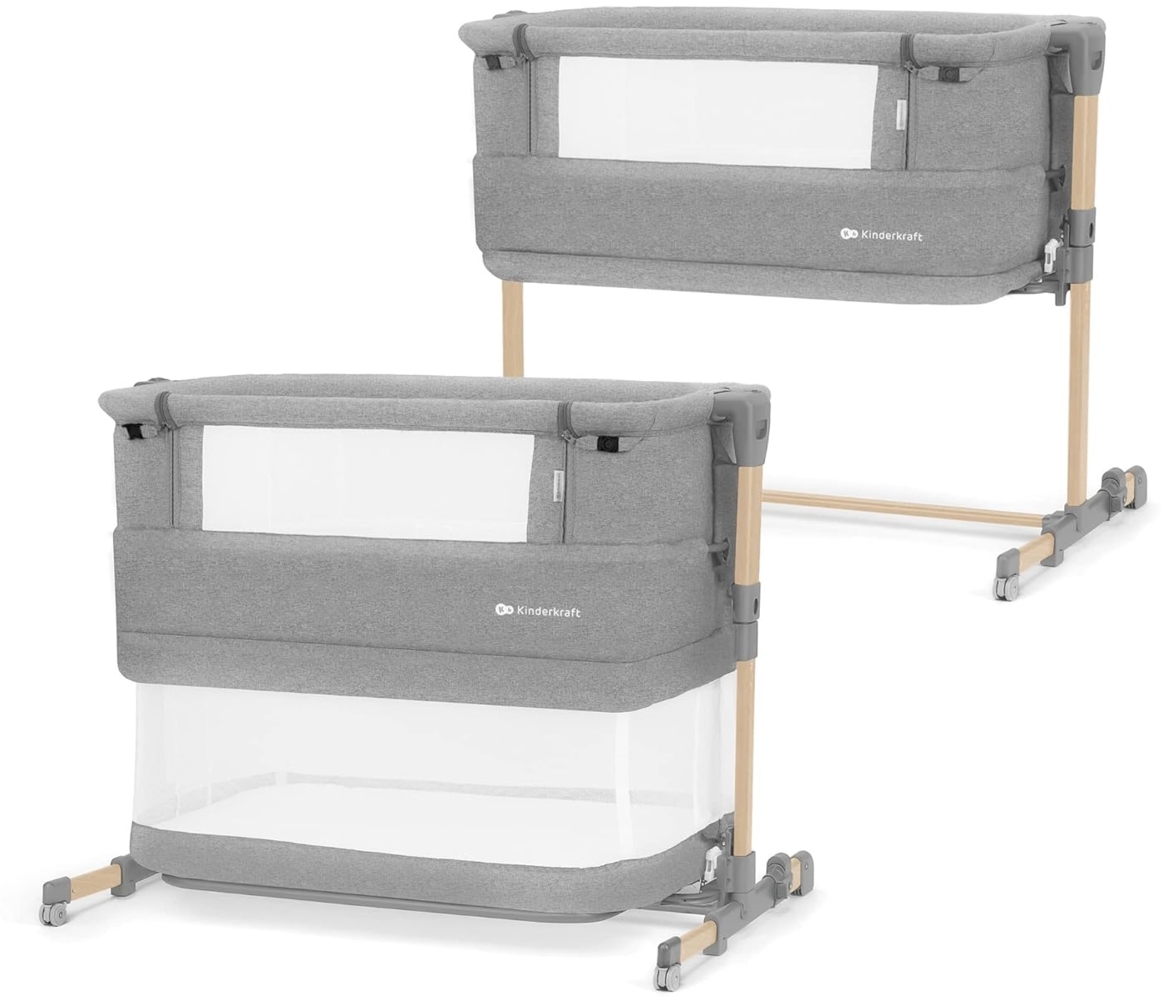 Kinderkraft NESTE GROW 3 in 1 Babybett, Beistellbett baby, Kinderbett ab Geburt für 2 Jahre, mit Matratze Transporttasche Rollen, Höhenverstellung in 5 Stufen, Stahlkonstruktion, Hellgrau Bild 1
