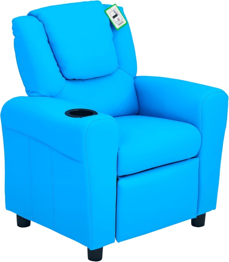 HOMCOM Sessel Kindersessel, Liegefunktion, Eingebauten Becherhalter, Blau (Set, 1-St, Kindersofa für 3-6 Jahre alt), 62B x 52T x 69H cm Bild 1