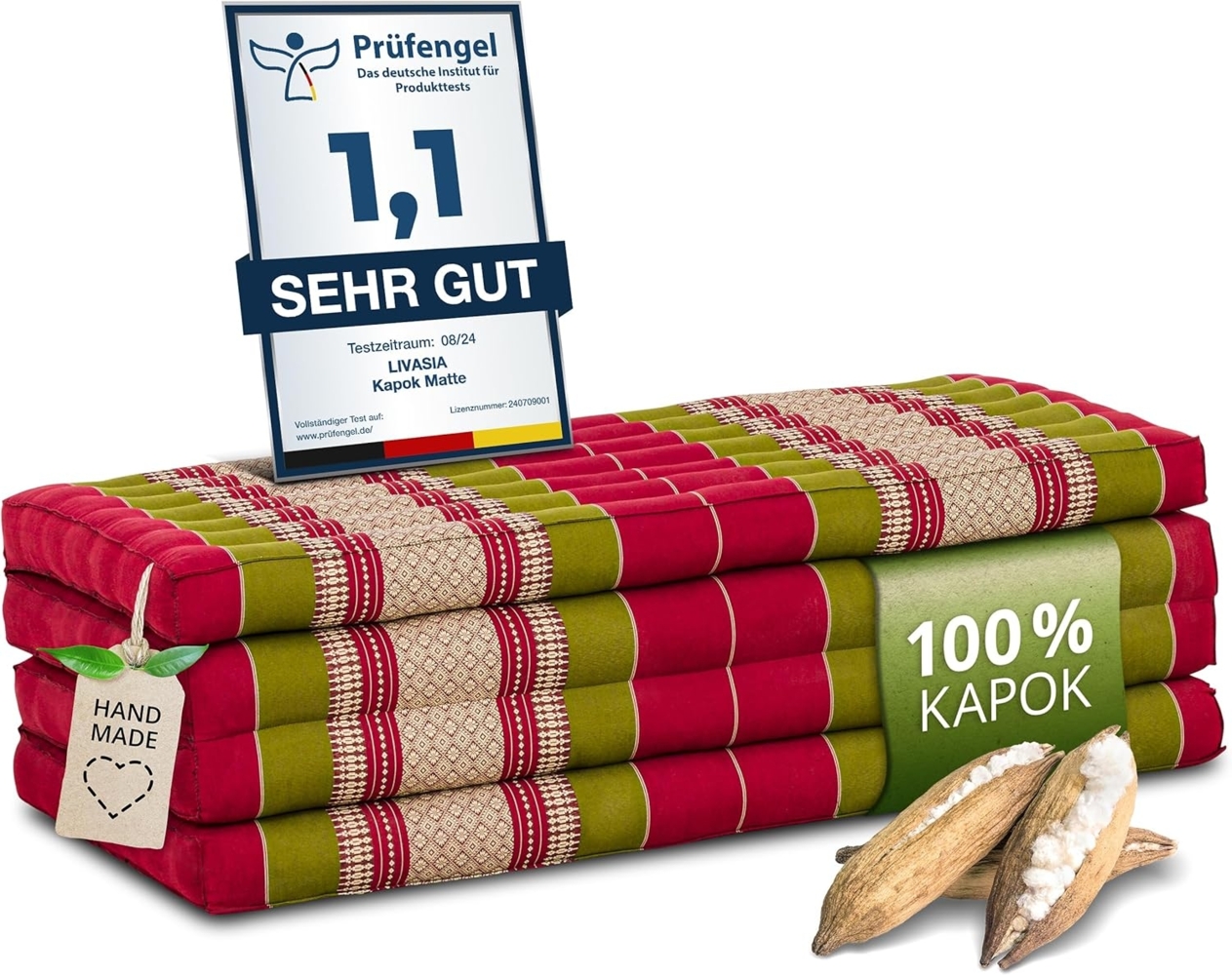 Nachhaltige Klappmatratze aus Kapok, breite Gästematratze vierteilig, Faltbare Matratze, ökologische Yogamatte, klappbares Gästebett, Liege für Garten und Balkon 200 x 110 x 8 cm (Rot/Grün) Bild 1