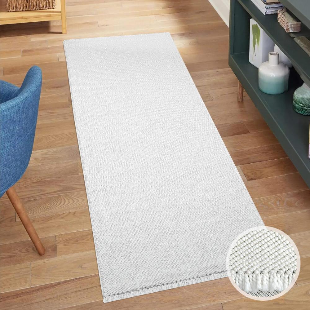 carpet city Teppich-Läufer Kurzflor Flur - Weiß - 80x300 cm - Teppiche Fransen Boho-Style - Einfarbig - Schlafzimmer, Wohnzimmer Bild 1