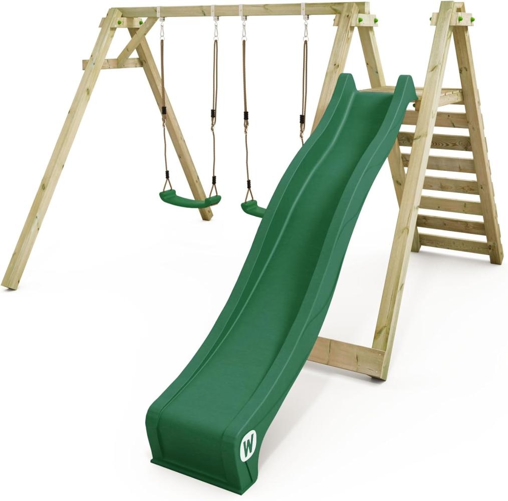 WICKEY Kinderschaukel Schaukelgestell Smart Swift mit grüner Rutsche Schaukel, Schaukelgerüst, Doppelschaukel, Holzschaukel Bild 1