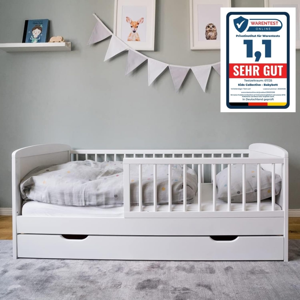 Kids Collective Kinderbett 70x140 cm mit Schublade, Lattenrost und Rausfallschutz in weiß, mit Bettkasten, Made in Europe, Junior-Bett bis zum 6. Lebensjahr Bild 1