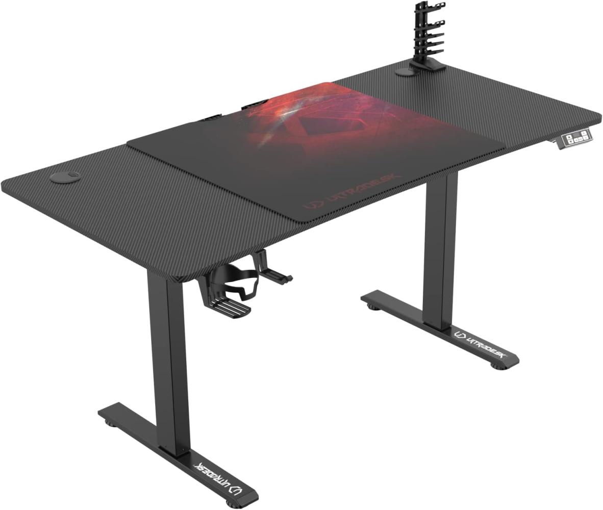 ULTRADESK Level | Ergonomischer Gaming-Schreibtisch mit elektrischer Höhenverstellung | Interner Speicher für 2 Einstellungen | Steckdosenleiste, XXL-Mauspad | Stahlgestell, Rotes Pad, 140x66 cm Bild 1