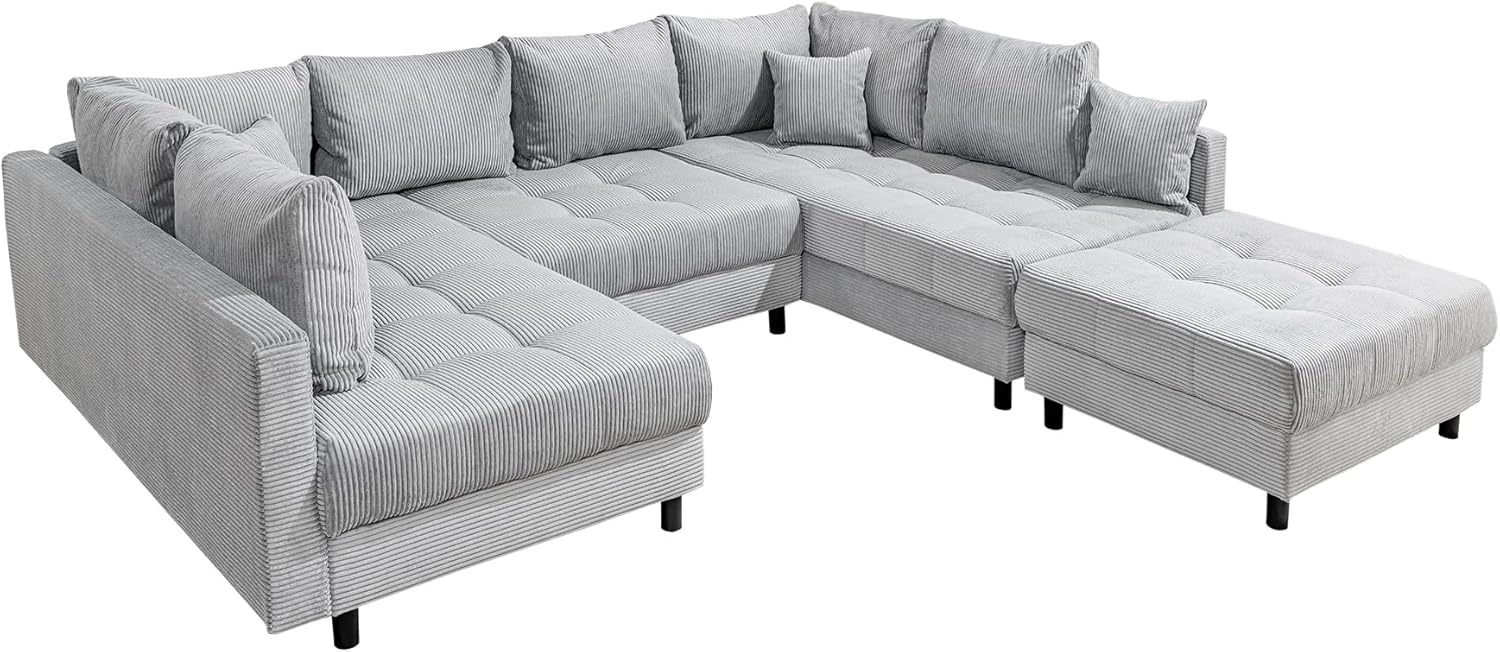 riess-ambiente Wohnlandschaft KENT 305cm hellgrau / schwarz · inkl. Hocker · U-Form · XXL Couch, Einzelartikel 1 Teile, Ecksofa · Wohnzimmer · mit Federkern · Cord-Bezug · Modern Design Bild 1