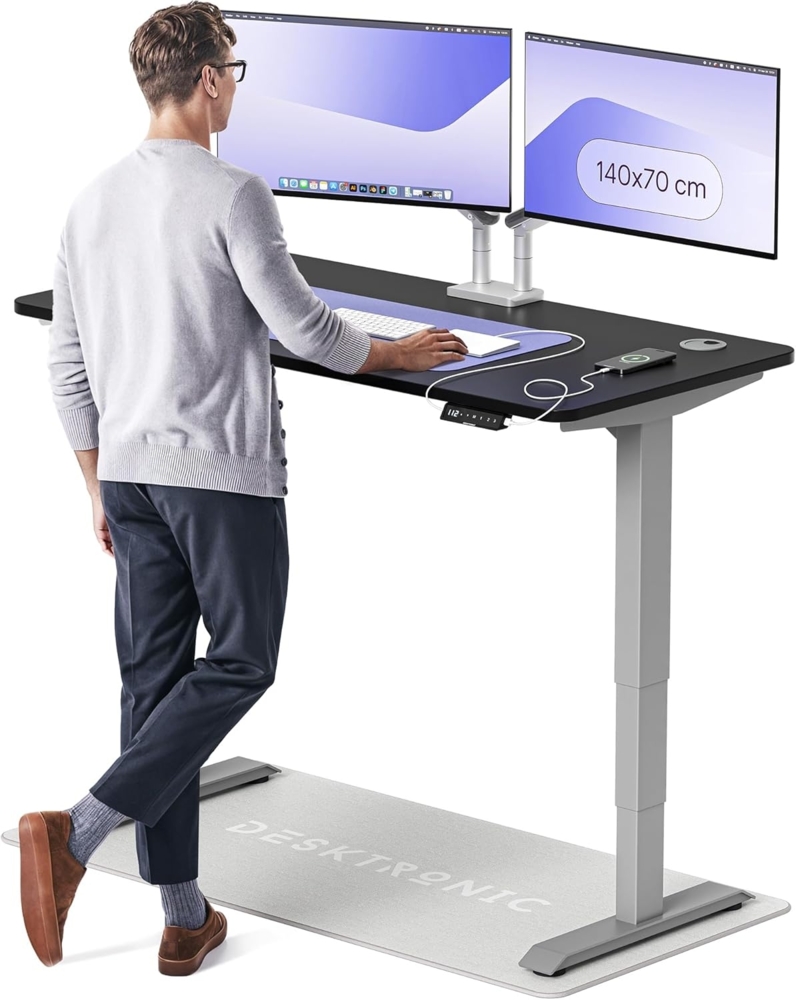 Höhenverstellbarer Schreibtisch - Höhenverstellbar Elektrisch mit Flüsterleisem Dual-Motor & Touchscreen - Hohe Tragfähigkeit - Stehtisch von Desktronic, Grau + Schwarz, 140x70 cm Bild 1