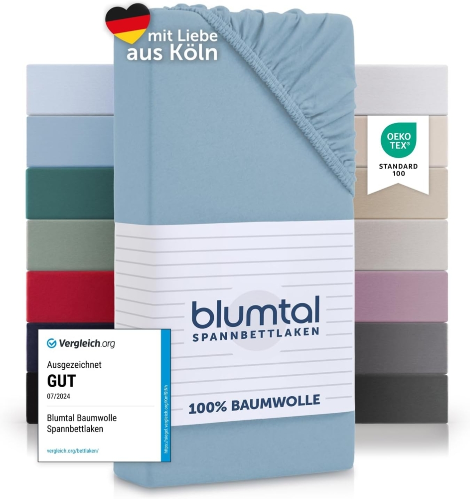 Blumtal® Baumwolle Spannbettlaken 150x200 cm Basics Jersey - Bettbezug 150x200 cm - Oeko-TEX zertifiziertes Spannbetttuch 150x200 cm - Matratzenbezug 150x200 cm - Bettbezug - Leintuch - Dusk Blue Bild 1