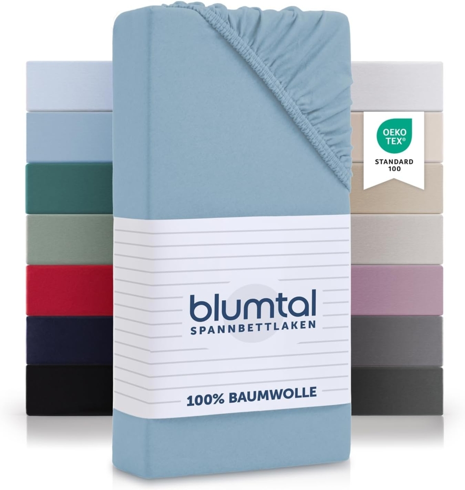 Blumtal® Baumwolle Spannbettlaken 150x200 cm Basics Jersey - Bettbezug 150x200 cm - Oeko-TEX zertifiziertes Spannbetttuch 150x200 cm - Matratzenbezug 150x200 cm - Bettbezug - Leintuch - Dusk Blue Bild 1