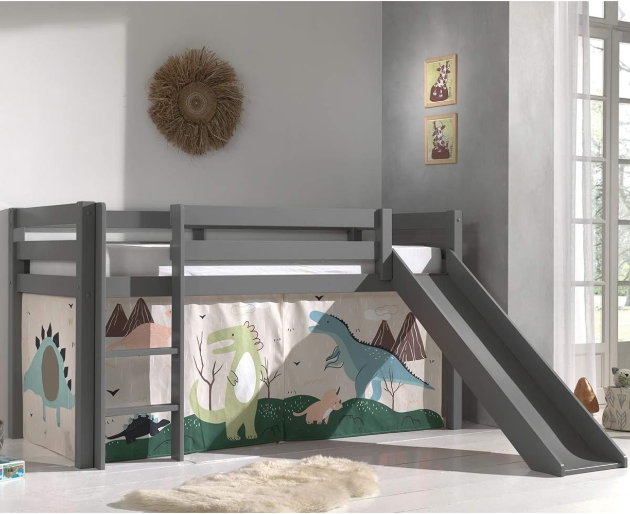 Vipack 'Pino' Halbhochbett 90x200 cm, grau, Kiefer massiv, mit Rutsche und Textilset 'Dino' Bild 1