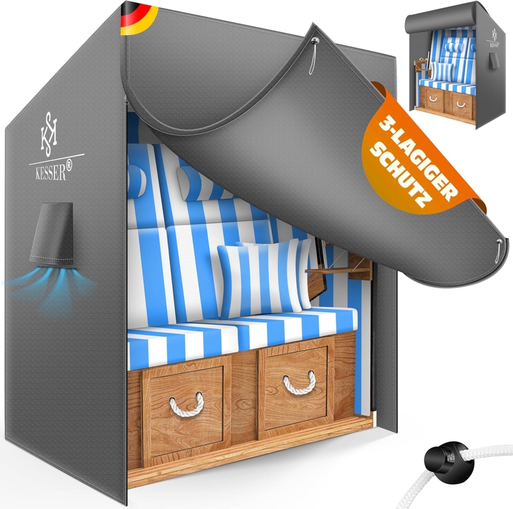 KESSER® Premium Strandkorb Schutzhülle mit Belüftungsöffnungen, Strandkorbhülle Wasserdicht, Winterfest UV-Beständiges, Schwerlast Reißfest 600D Oxford Gewebe Abdeckung (155 x 90 x 160 cm), Grau Bild 1