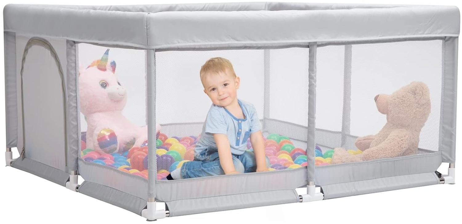 BEJOY Laufstall Baby Laufgitter 125 cm, Kompakt und Stark, Schaumstoffschutz, Rutschfester mit Transparentem, Atmungsaktivem Netz, Reißverschluss für Babys und Kleinkinder, Indoor & Outdoor Bild 1