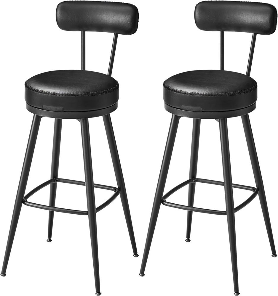VASAGLE EKHO Kollektion - 360° drehbarer Barhocker, 2er Set, Hocker mit Rückenlehne für Bartisch, Kunstleder mit Nähten, Mid-Century-Modern-Stil, 76 cm hoch, Küche, Hausbar, tintenschwarz Bild 1