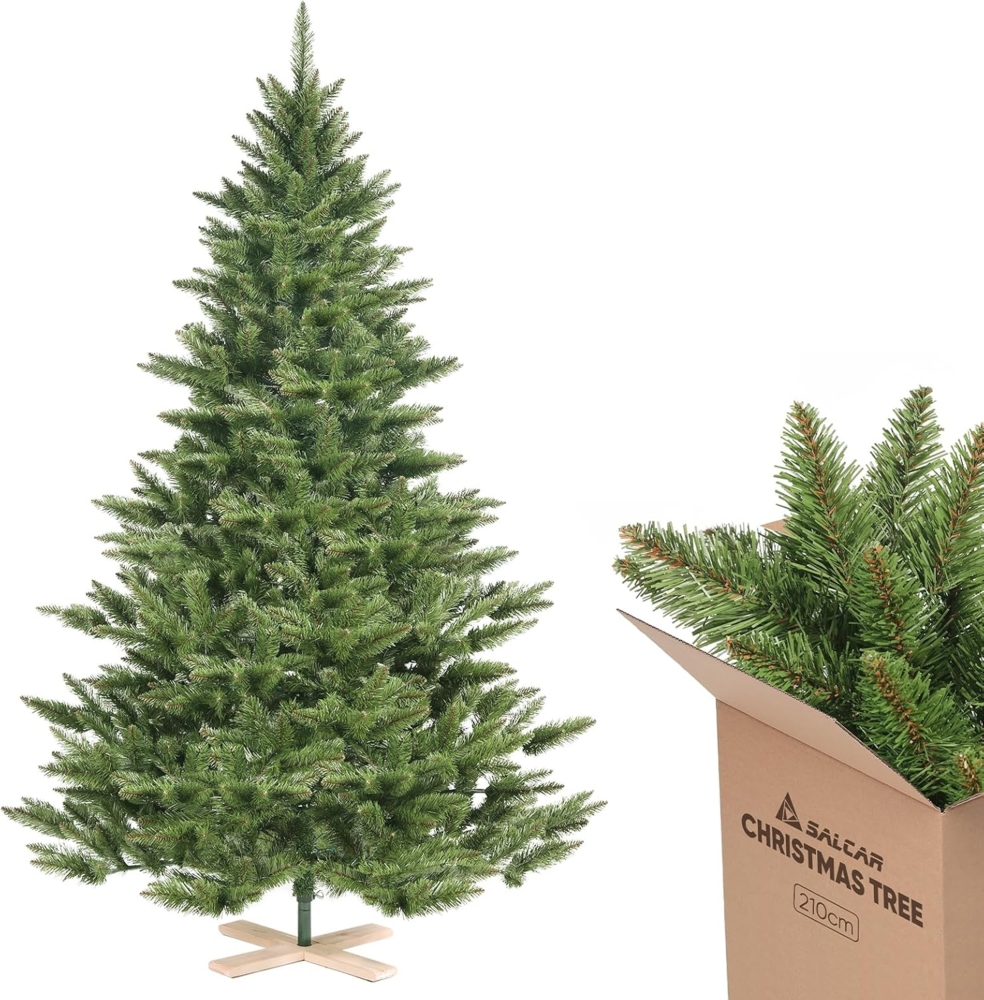 SALCAR Künstlicher Weihnachtsbaum 2,1 m, Tannenbaum Künstlich mit 760 Spitzen und Klapp-Schirmsystem, Grün Tannenbaum Christbaum mit Holzständer, ?132 cm übergroßer Baumdurchmesser Bild 1