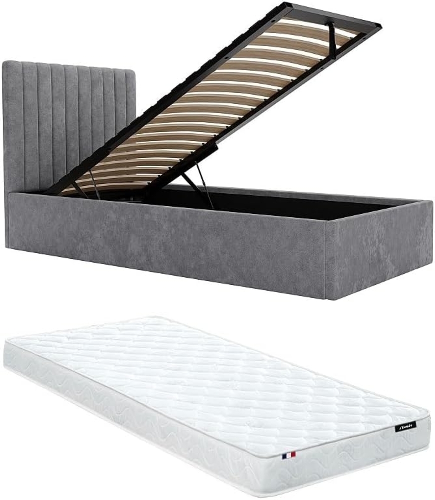 Vente-unique - Bett mit Bett mit Bettkasten - 90 x 190 cm mit Kopfteil mit vertikalen Ziernähten + Matratze - Stoff - Grau - SARAH Bild 1