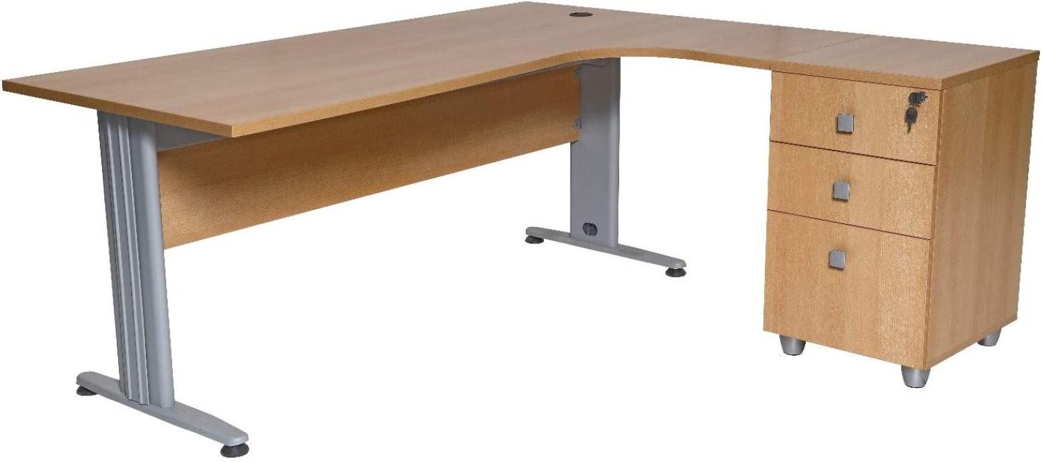 Furni24 Schreibtisch Winkelschreibtisch, Eckschreibtisch, Moderner Bürotisch Computertisch mit großer Arbeitsfläche, Bürotisch,PC Tisch, Dona Buche 180x120x74cm inkl. Beistellcontainer rechts gewinkelt Bild 1