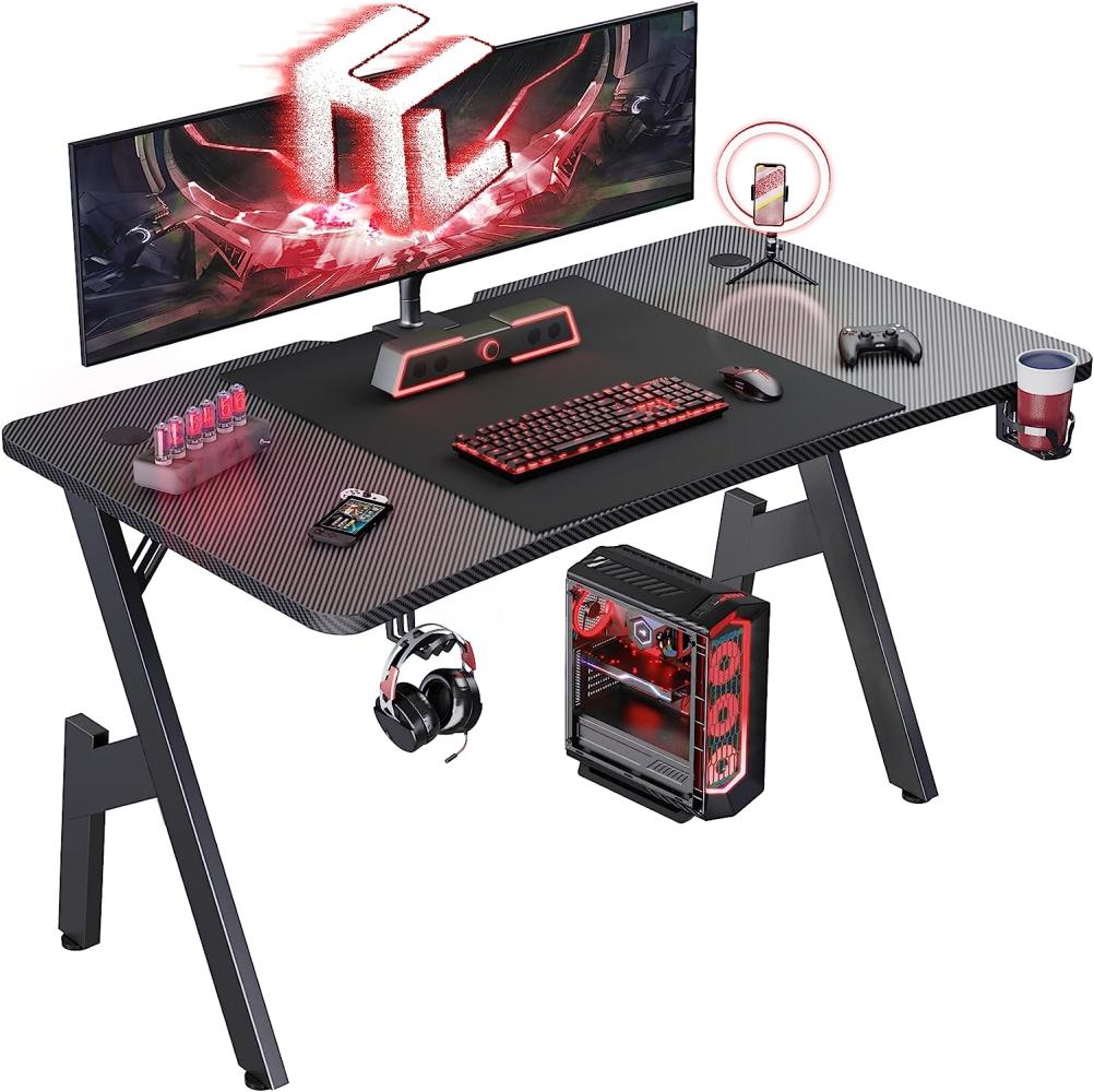 HLONONE Gaming Schreibtisch 120 x 60cm, Gaming Tisch, Stabiler PC Schreibtisch mit Kohlefaserbeschichtung, Ergonomischer Computertisch mit Kopfhörerhaken und Getränkehalter, Schwarz Bild 1