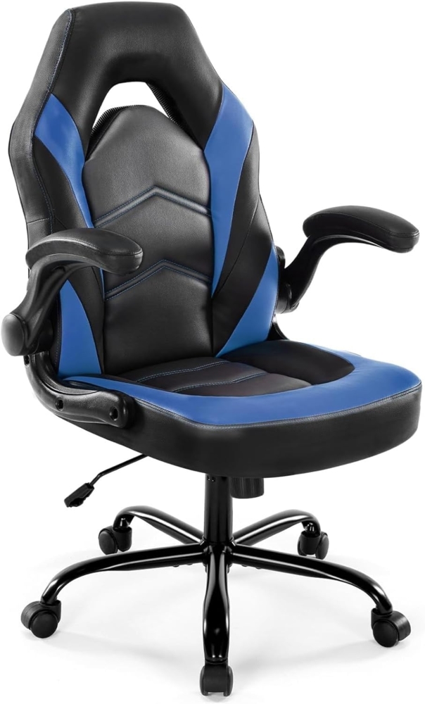 DUMOS Gaming Stuhl - Ergonomischer Gaming Sessel, Verstellbarer Drehbarer Gamingstuhl aus PU-Leder mit klappbaren Armlehnen, Geeignet für Zuhause, Büros usw(Schwarz-Blau) Bild 1