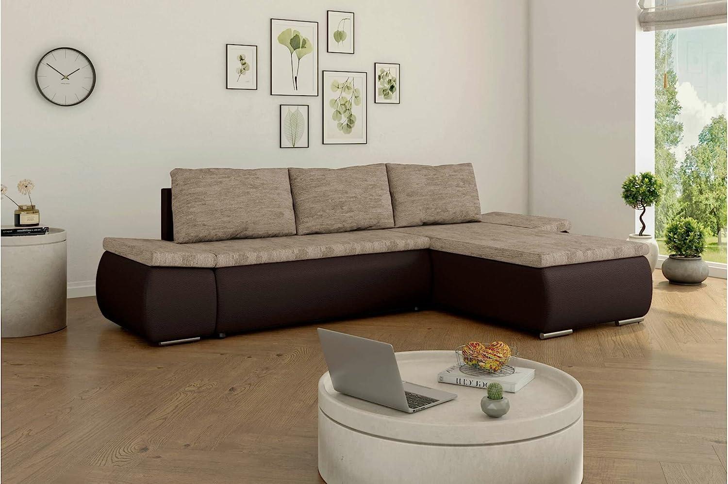 Stylefy Olin Ecksofa Strukturstoff BERLIN Kunstleder MADRYT Hellbraun Dunkelbraun Rechts Bild 1