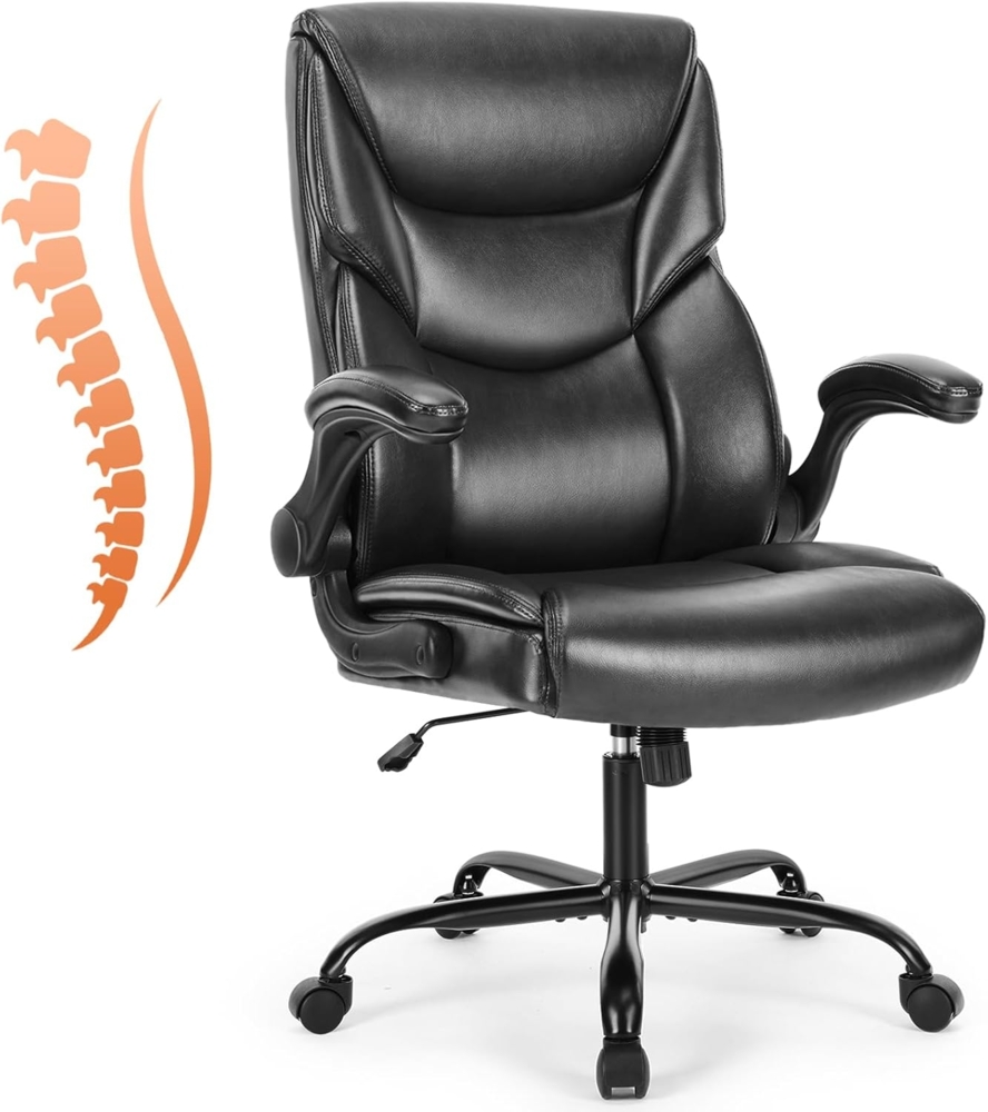 Sweetcrispy Chefsessel PU Leder Bürostuhl Ergonomisch, Schreibtischstuhl mit Hochklappbaren Armlehnen, Ergonomischer Computerstuhl mit Hoher Rückenlehne, Gaming PC Drehstuhl für Arbeit Ruhe, Schwarz Bild 1