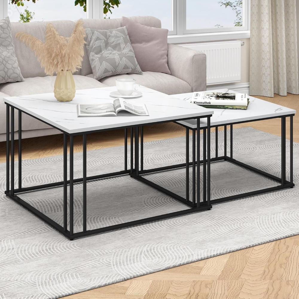 YITAHOME Moderner Couchtisch 2er-Set für Wohnzimmer, weißgraue runde Couchtische aus Holz, Cocktailtische, Beistelltisch mit stabilem Metallrahmen Bild 1