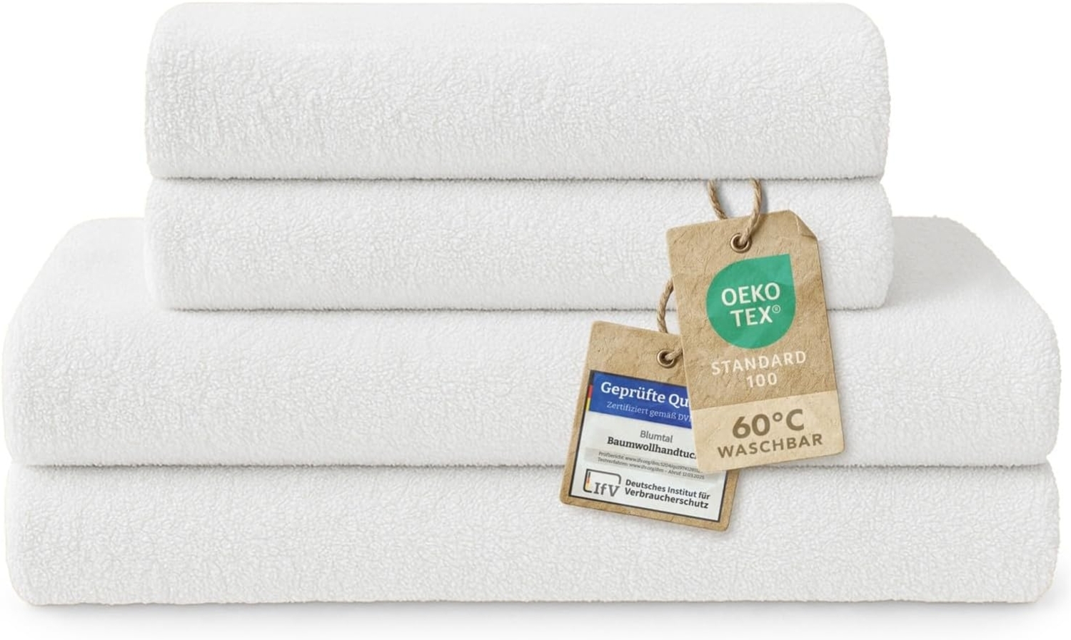 Blumtal Premium Frottier Handtücher Set mit Aufhängschlaufen - Baumwolle Oeko-TEX Zertifiziert, weich, saugstark - 2X Badetuch (70x140 cm), 2X Handtuch (50x100 cm), Weiß Bild 1