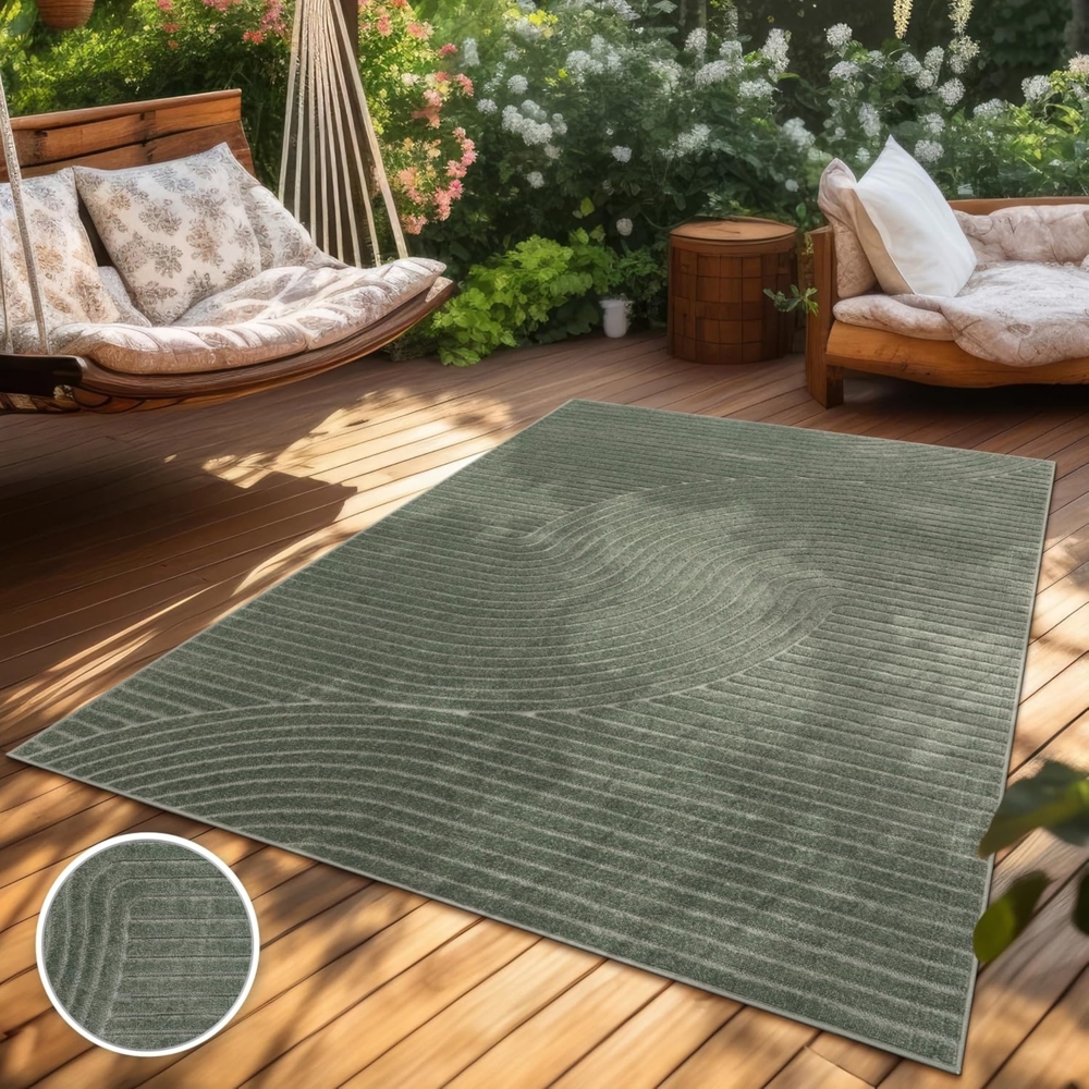 Paco Home Teppich In- & Outdoor, Moderne abstrakte Boho Designs mit 3D Struktur, robust & wetterfest, ideal für Terrasse Wohnzimmer & Küche, Grösse:120 cm Rund, Farbe:Grün Bild 1