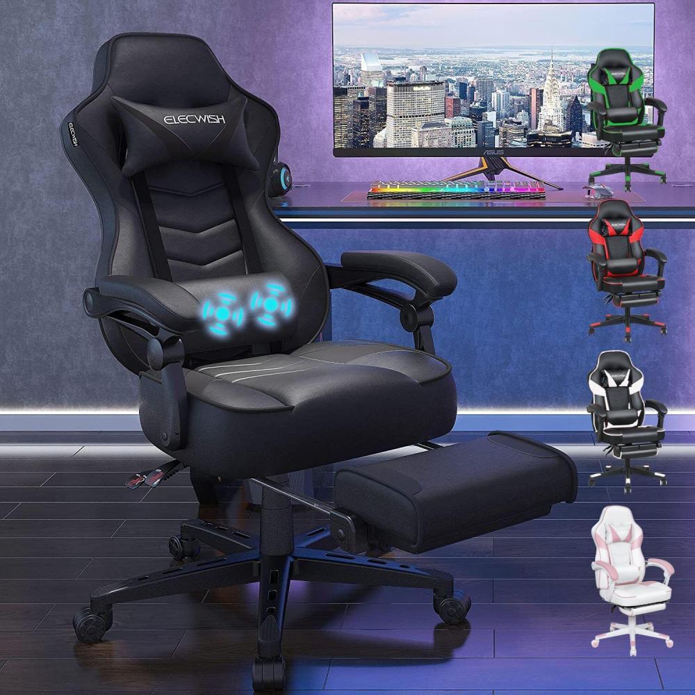 YU YUSING Gaming Stuhl Bürostuhl mit Fußstütze, Racing Stuhl Massage Ergonomisch, Drehbar Hochenverstellbar, 90-150°Rückenlehne Verstellbar, Abnehmbare Kopfstütze, Lendenkissen (Schwarz) Bild 1