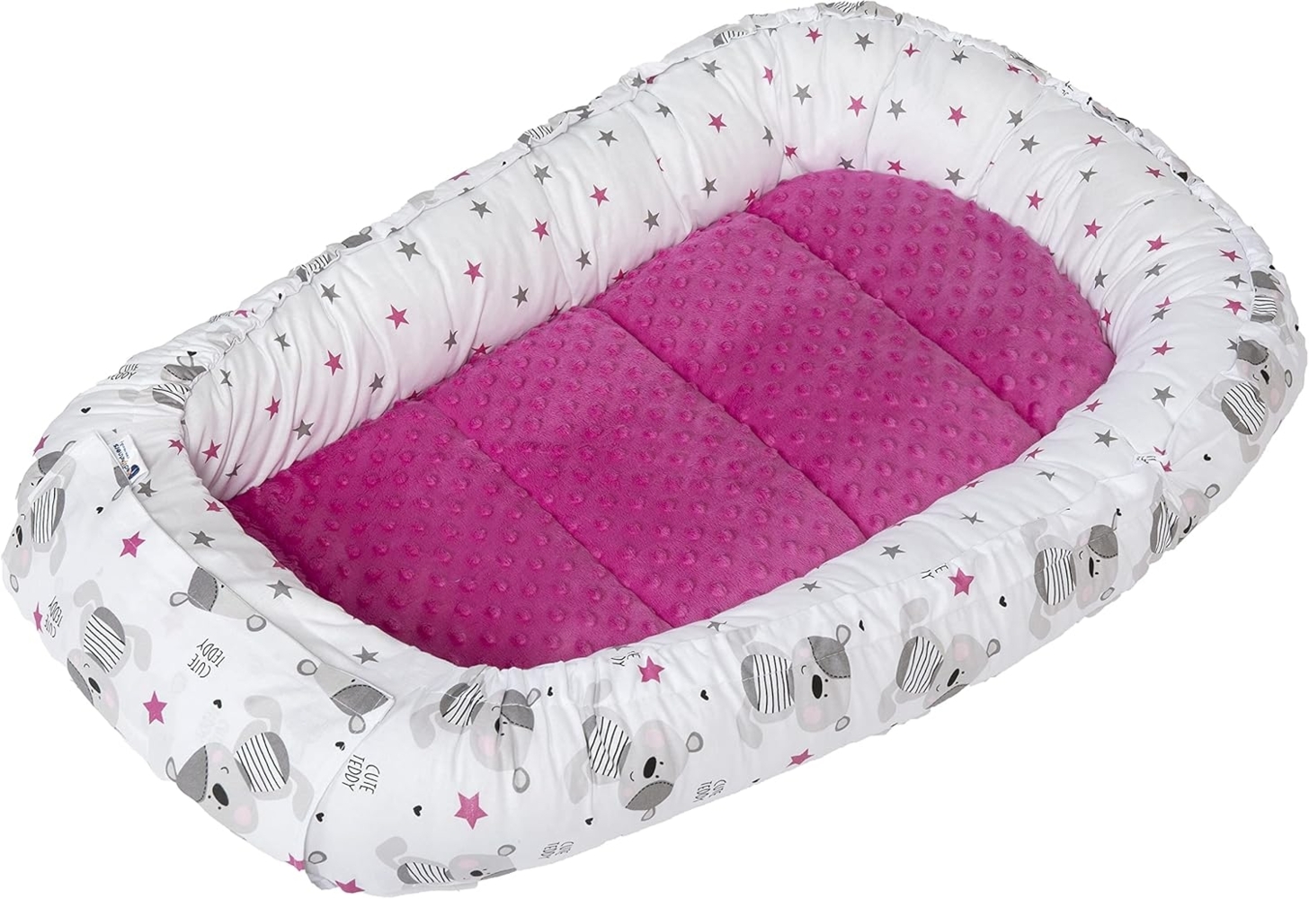 Medi Partners Babynest Kuschelnest Babynestchen 100% Baumwolle Nestchen Reisebett für Babys Säuglinge 100 x 60 x 15 cm herausnehmbarer Einsatz (Teddybär mit dunkelrosa Minky) Bild 1