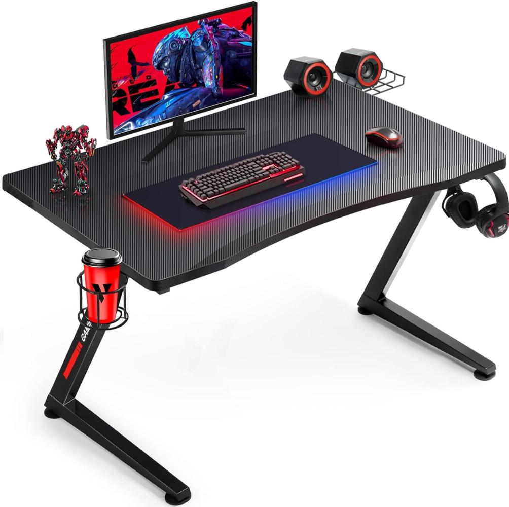 GTPLAYER Gaming Tisch Gaming Schreibtisch Gamer Tisch Ergonomischer PC Tisch mit Getränk- Kopfhörer-, und Lautsprecher Halter Z-Förmiger 110cm Schwarz Bild 1